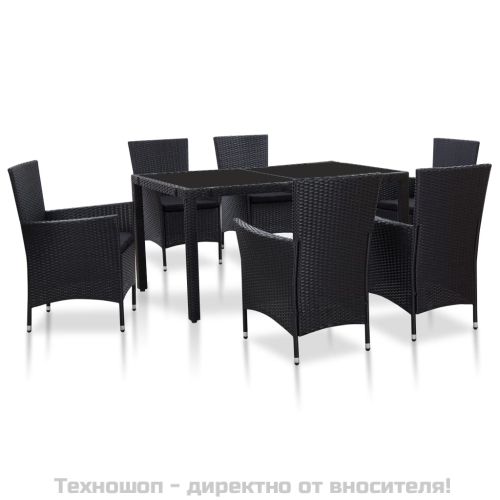 Градински трапезен комплект, 7 части, полиратан, черен