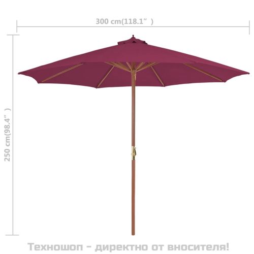 Градински чадър с дървен прът, 300 см, бордо червен