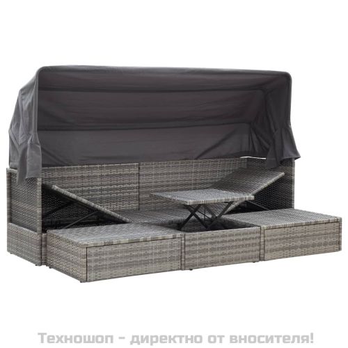 Градинско лаундж легло със сенник смесено сиво полиратан