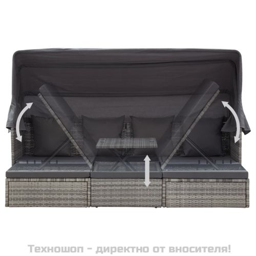 Градинско лаундж легло със сенник смесено сиво полиратан