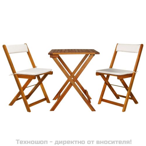 Бистро комплект с възглавници, 3 части, сгъваем, акация масив