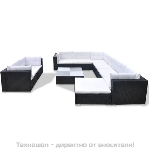 Градински комплект с възглавници, 10 части, черен полиратан