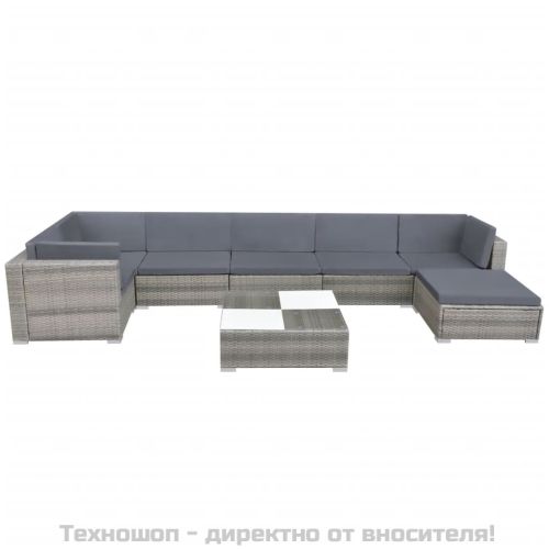 Градински комплект с възглавници, 8 части, полиратан, сив