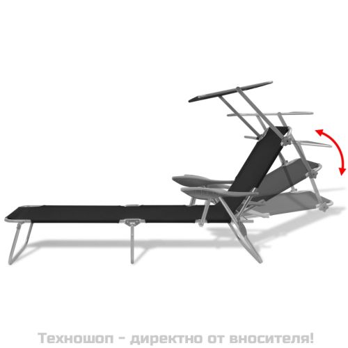 Шезлонг с козирка, стомана, черен