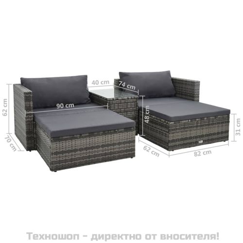 Градински комплект с възглавници, 5 части, полиратан, сив