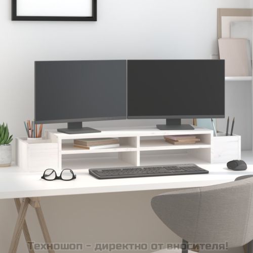 Поставка за монитор, бяла, 100x27,5x15 см, бор масив