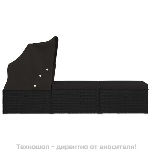 Шезлонг с шалте и навес, полиратан, черен