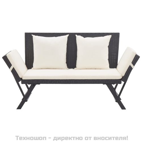 Градинска пейка с възглавници, 176 см, черна, полиратан