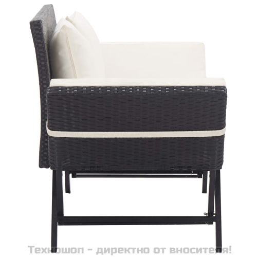 Градинска пейка с възглавници, 176 см, черна, полиратан