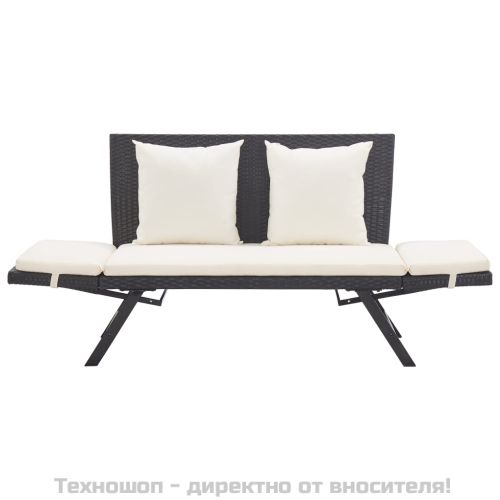 Градинска пейка с възглавници, 176 см, черна, полиратан