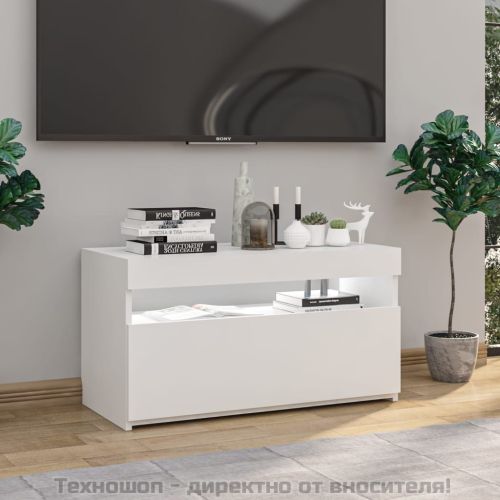 ТВ шкаф с LED осветление, бял гланц, 75x35x40 см