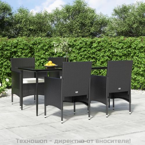 Градински трапезен комплект от 5 части с възглавници черен