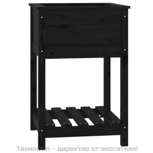 Плантер с рафт, черен, 54x54x81 см, борово дърво масив