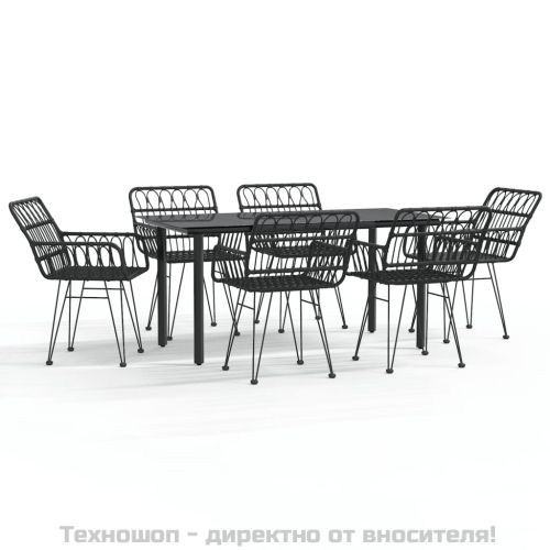 Градински трапезен комплект от 7 части, черно, полиратан