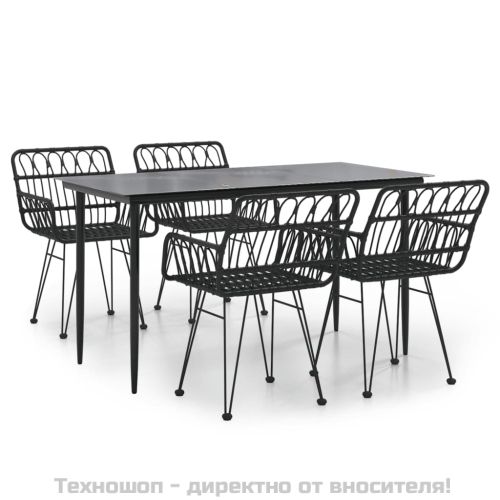 Градински трапезен комплект, 5 части, черен, полиратан