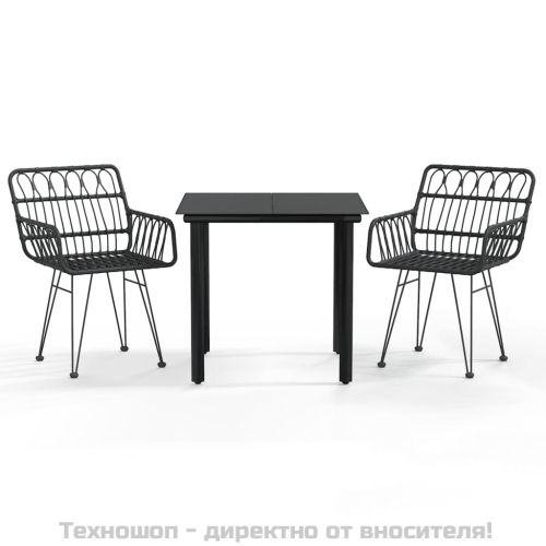 Градински трапезен комплект, 3 части, черен, полиратан
