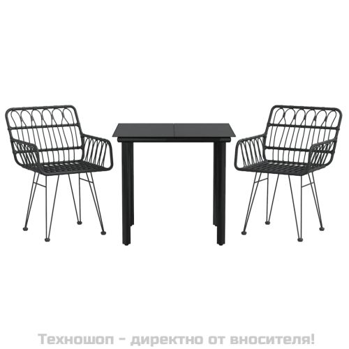 Градински трапезен комплект, 3 части, черен, полиратан