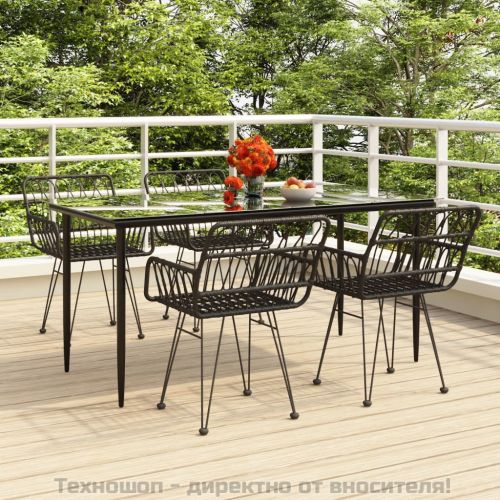 Градински трапезен комплект, 5 части, черен, полиратан