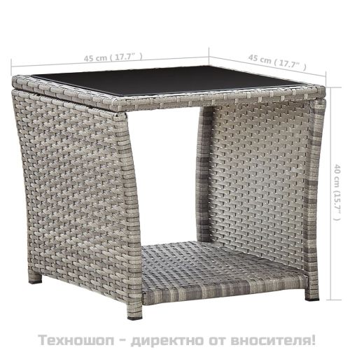 Кафе маса, сива, 45x45x40 см, полиратан и стъкло