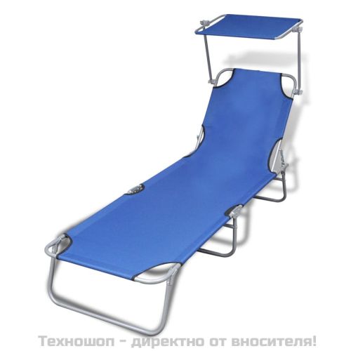 Сгъваем шезлонг с козирка, стомана и текстил, син