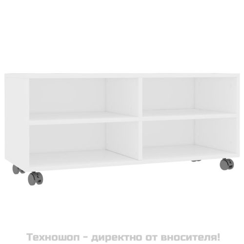 ТВ шкаф с колелца, бял, 90x35x35 см, инженерно дърво