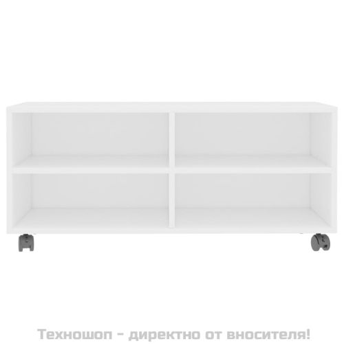 ТВ шкаф с колелца, бял, 90x35x35 см, инженерно дърво