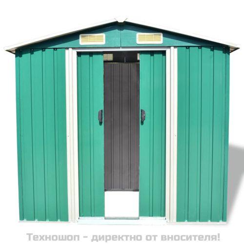 Градинска барака за съхранение, зелена, метал, 204x132x186 см