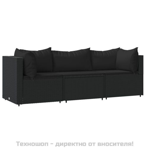 Градински лаундж комплект с възглавници 3 части черен полиратан