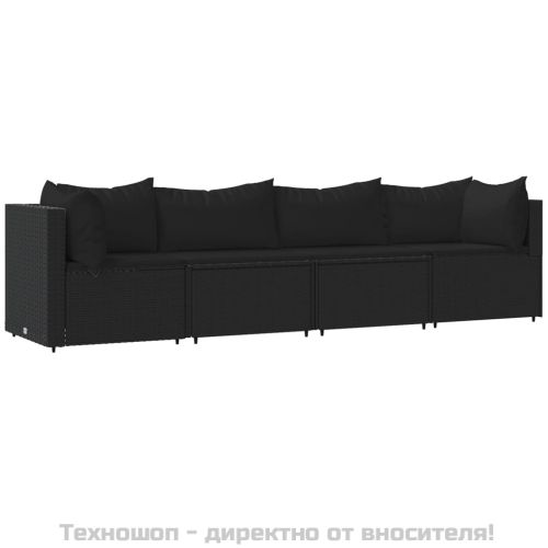 Градински лаундж комплект с възглавници 4 части черен полиратан