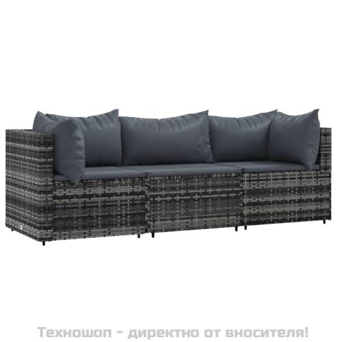 Градински лаундж комплект с възглавници 3 части сив полиратан