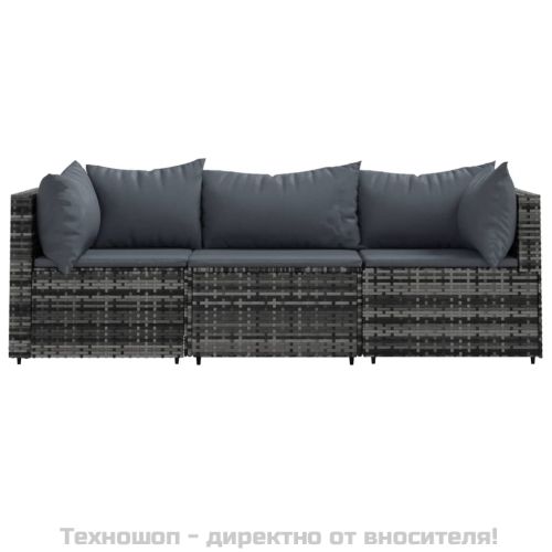 Градински лаундж комплект с възглавници 3 части сив полиратан