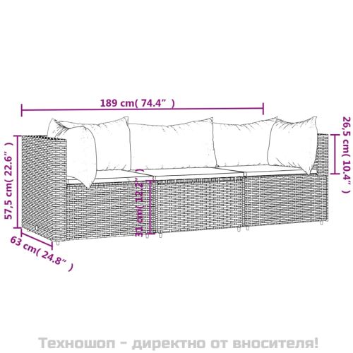 Градински лаундж комплект с възглавници 3 части сив полиратан