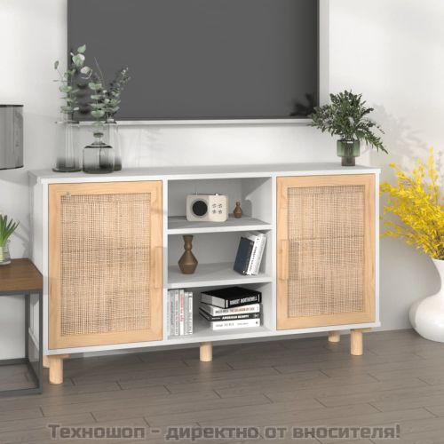 Бюфет, бял, 105x30x60 см, бор масив и естествен ратан