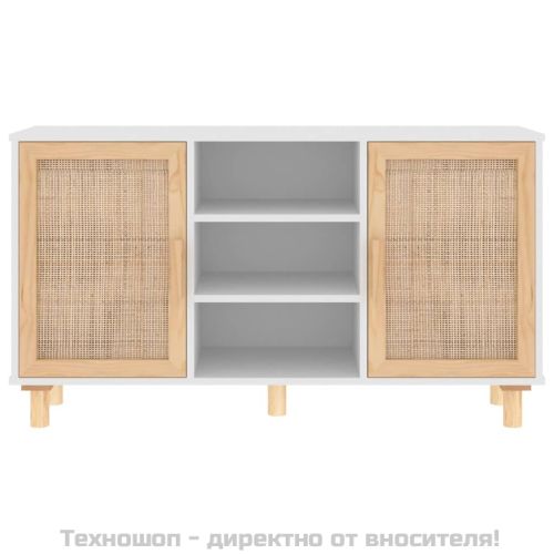 Бюфет, бял, 105x30x60 см, бор масив и естествен ратан