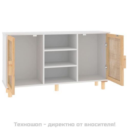 Бюфет, бял, 105x30x60 см, бор масив и естествен ратан