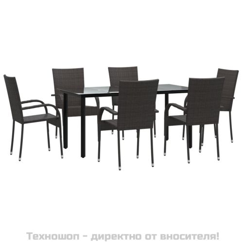 Градински трапезен комплект от 7 части, кафяв, полиратан