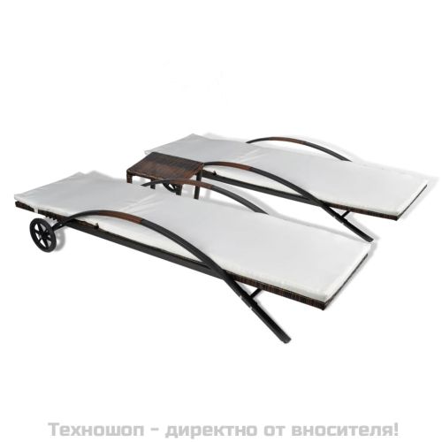 Шезлонги с маса, полиратан, кафяви