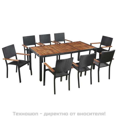 Градински трапезен комплект, 9 части, полиратан и акация, черен