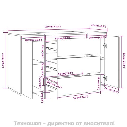 Бюфет с 3 чекмеджета, бял гланц, 120x41x75 см, инженерно дърво