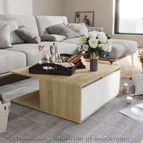 Маса за кафе, бяло и дъб сонома, 80x80x31 см, инженерно дърво