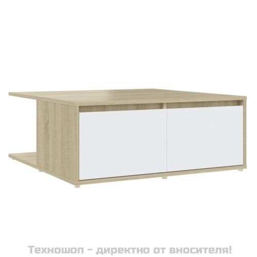 Маса за кафе, бяло и дъб сонома, 80x80x31 см, инженерно дърво