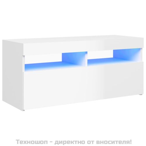 ТВ шкаф с LED осветление, бял гланц, 90x35x40 см