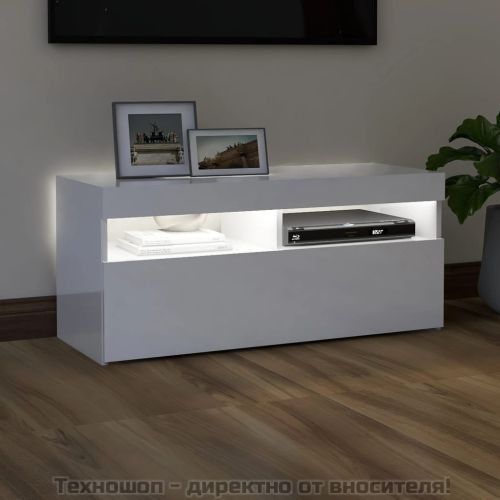 ТВ шкаф с LED осветление, бял гланц, 90x35x40 см