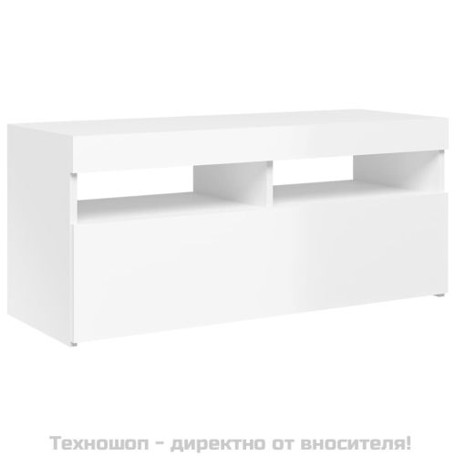 ТВ шкаф с LED осветление, бял гланц, 90x35x40 см