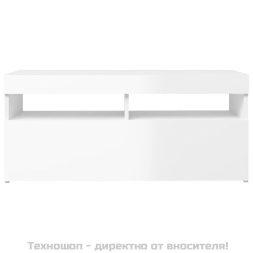 ТВ шкаф с LED осветление, бял гланц, 90x35x40 см
