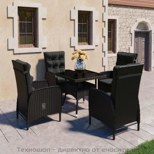 Градински трапезен комплект, 5 части, полиратан и стъкло, черен