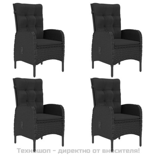 Градински трапезен комплект, 5 части, полиратан и стъкло, черен