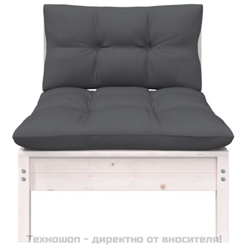 Градински 2-местен диван с възглавници, бял, борово дърво масив