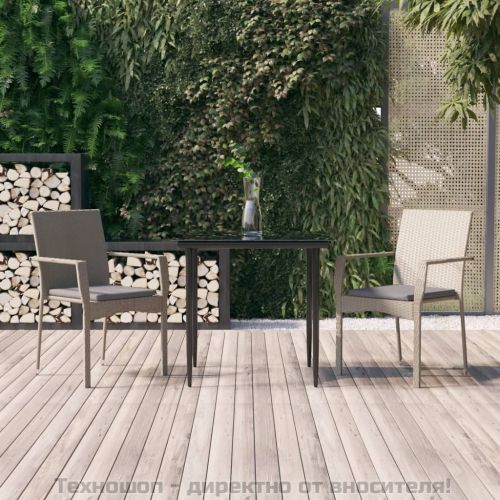 Градински трапезен комплект 3 части с възглавници сив полиратан