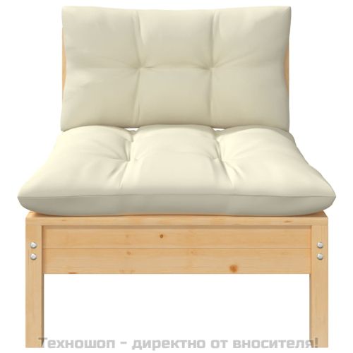 Градински среден диван с кремави възглавници борово дърво масив